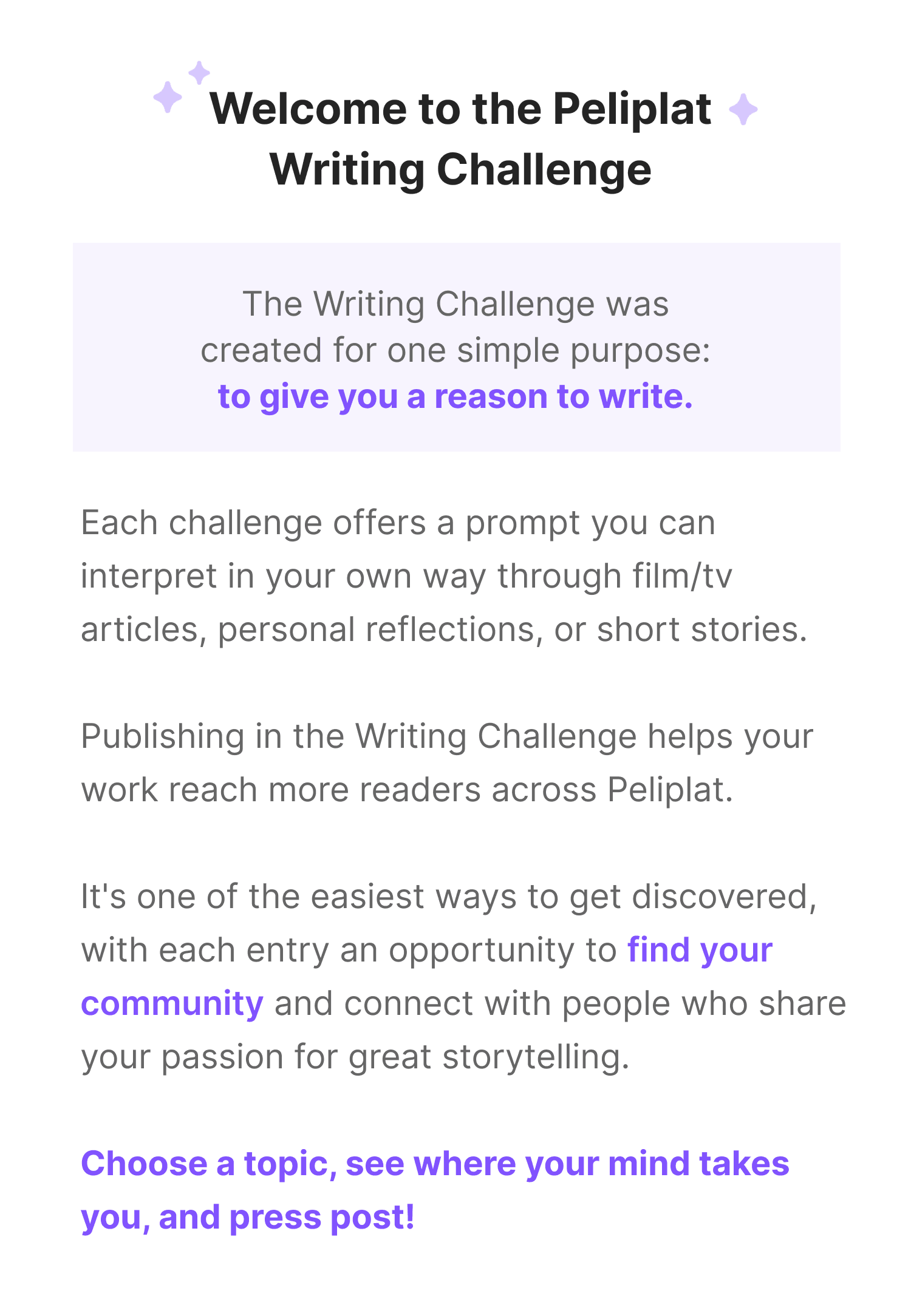 Welcome to the Peliplat Writing Challenge