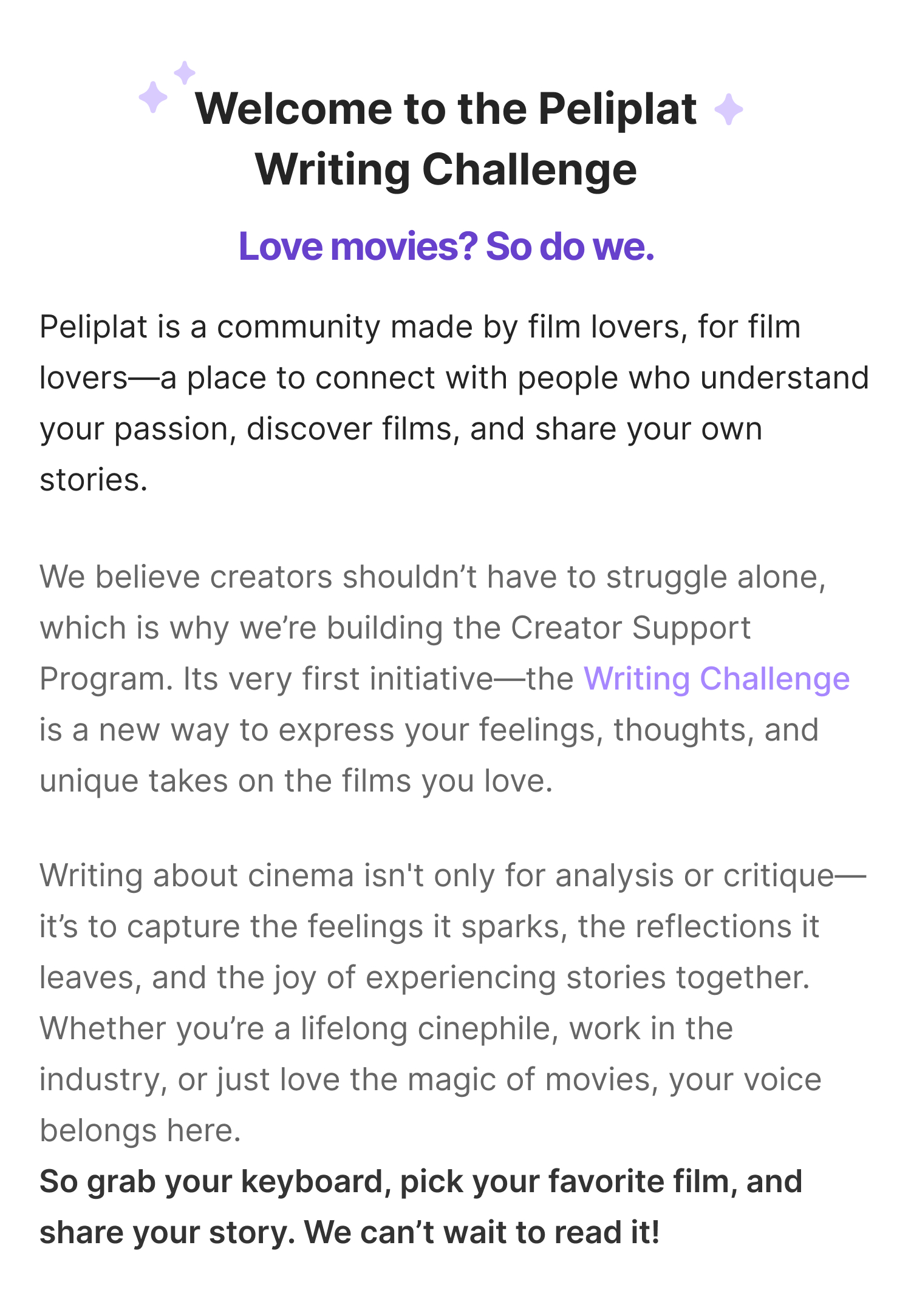 Welcome to the Peliplat Writing Challenge